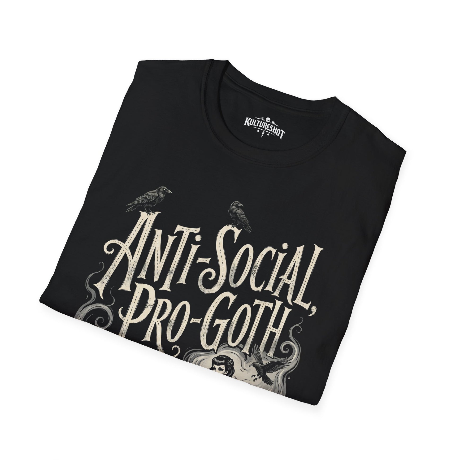 black t-shirt with kultureshot logo against a white background