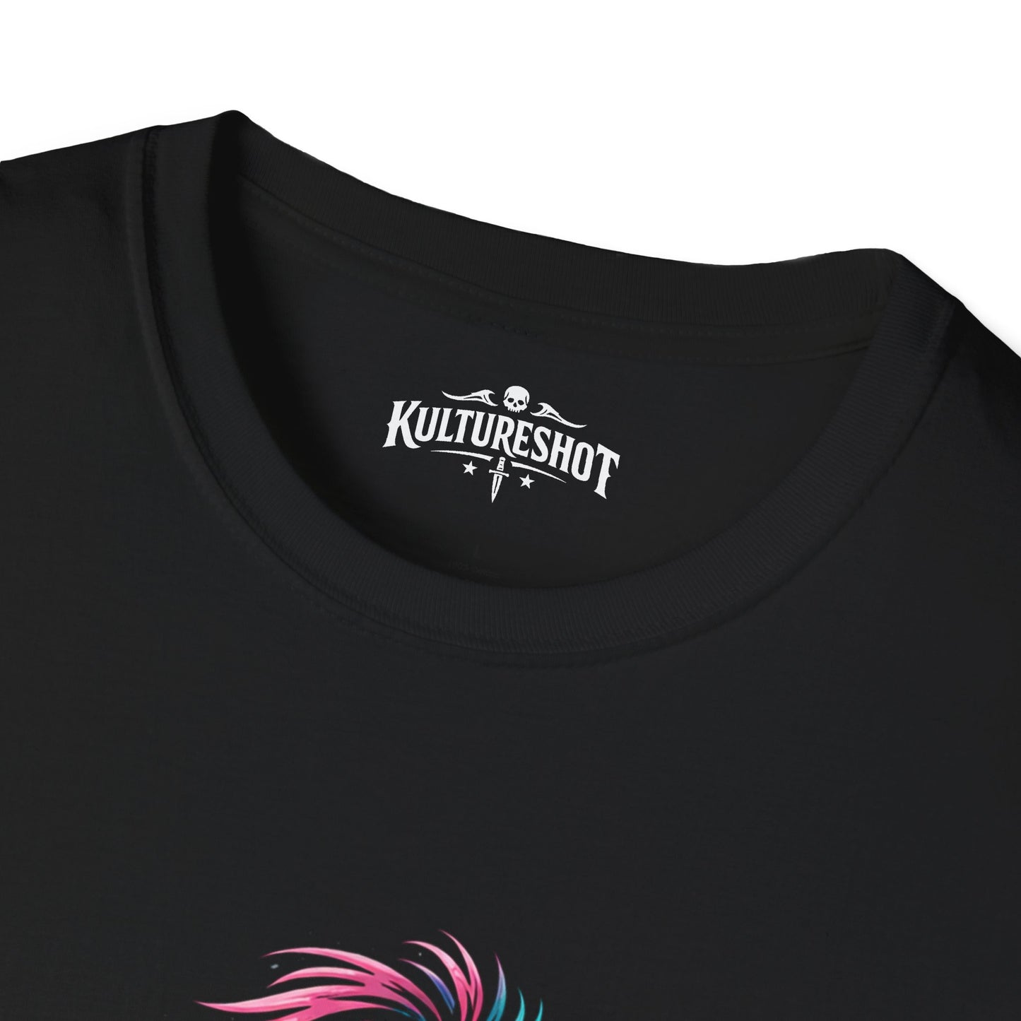 Black t-shirt with 'KultureShot' logo on a white background