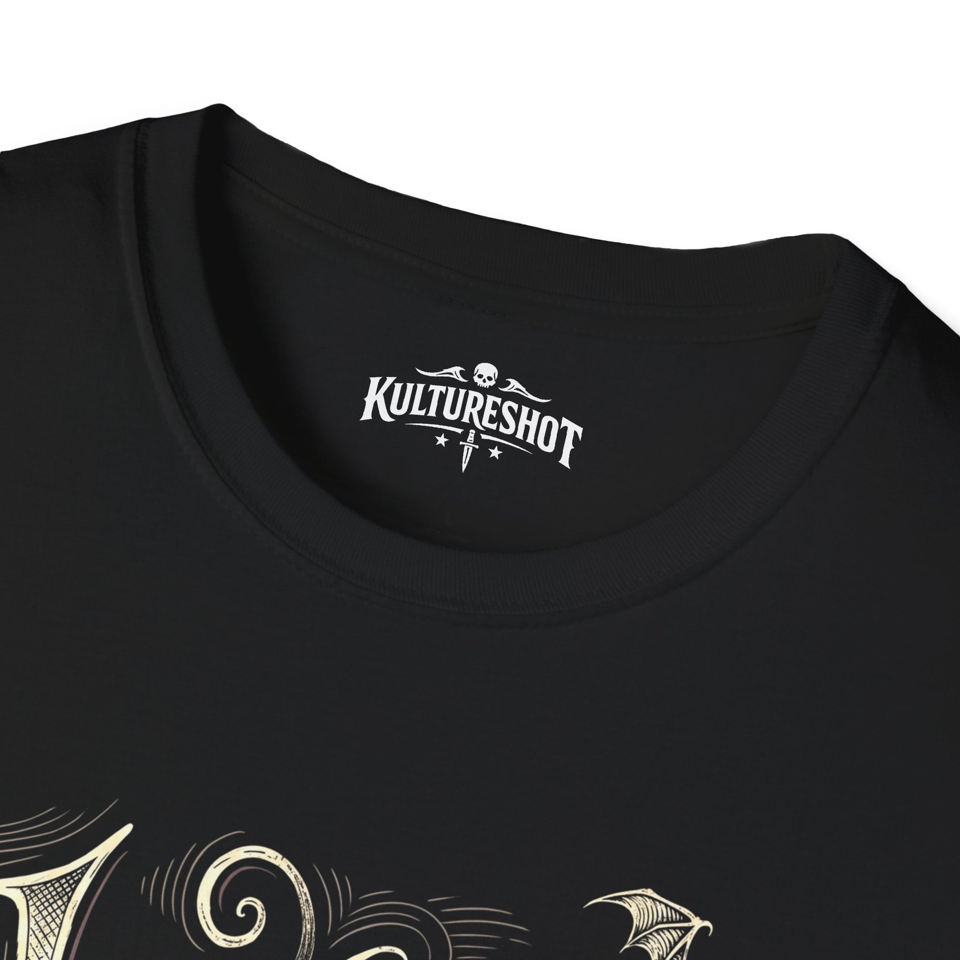 Black t-shirt with text and a brand logo on a white background