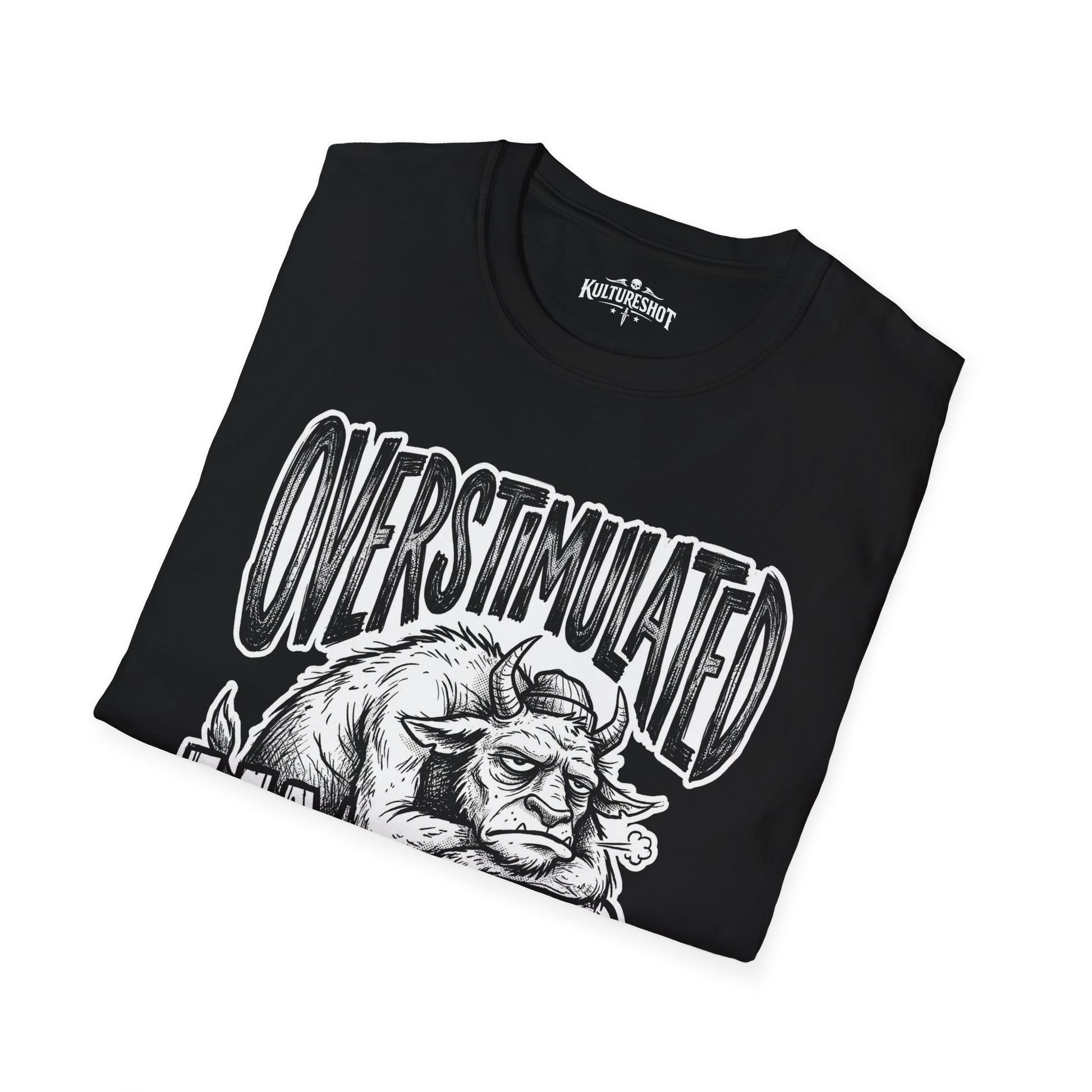 Black t-shirt with a kultureshot design on a white background