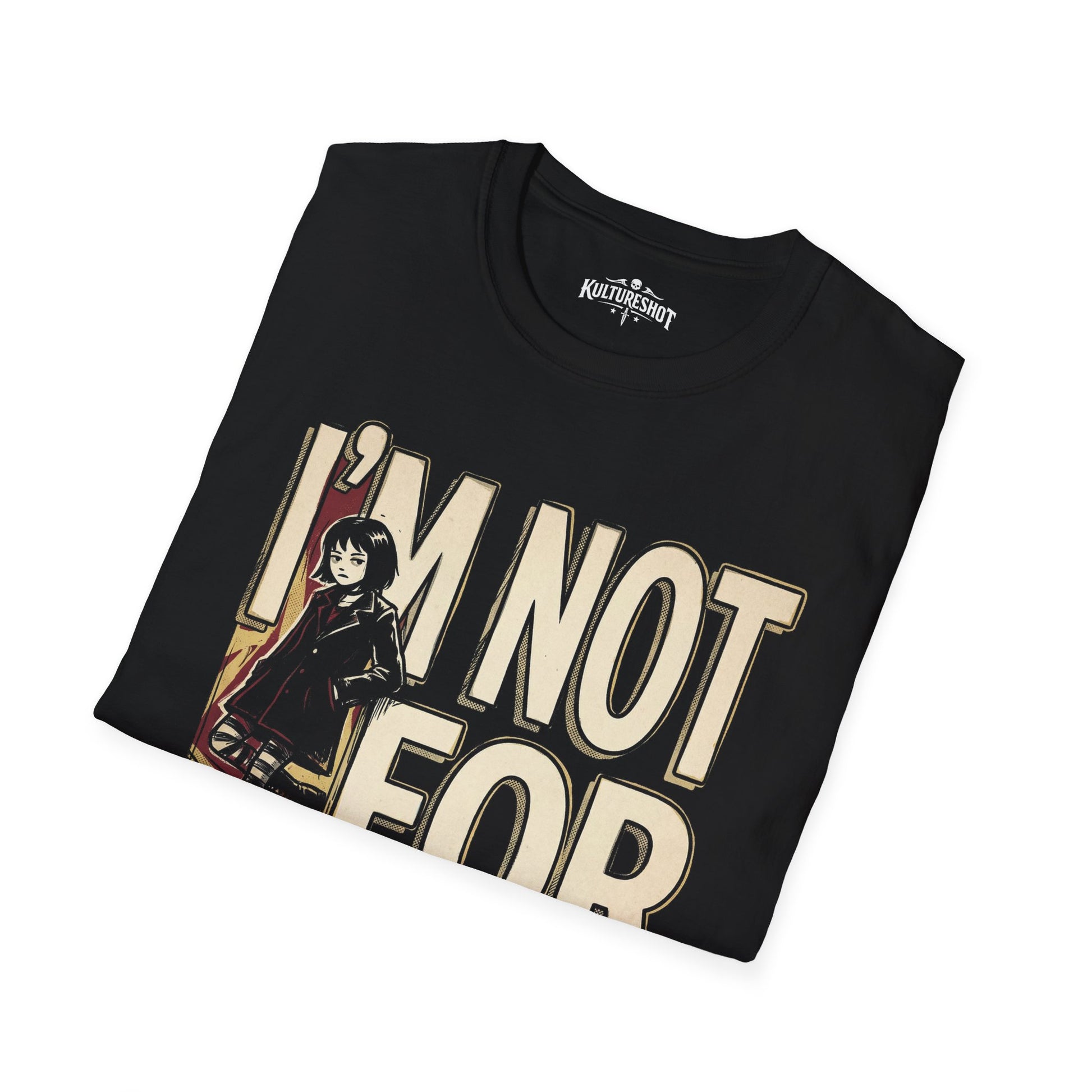 Folded black t-shirt with graphic design and text on a white background
