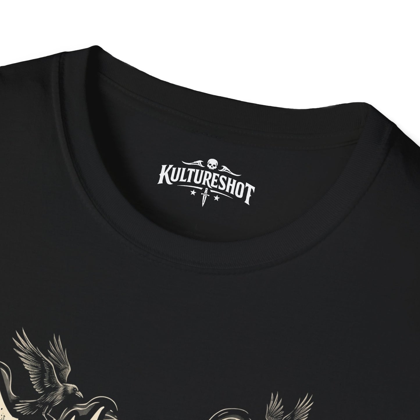black t shirt with kultureshot logo on white background