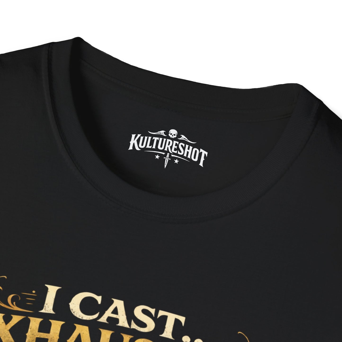 Black t-shirt with 'KultureShot' logo and text on a white background