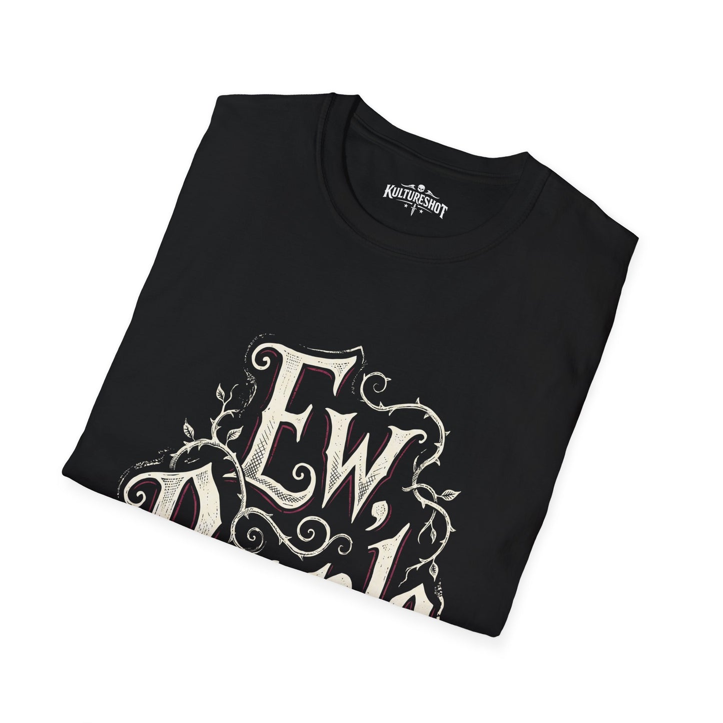 Black t-shirt with white text design on a white background