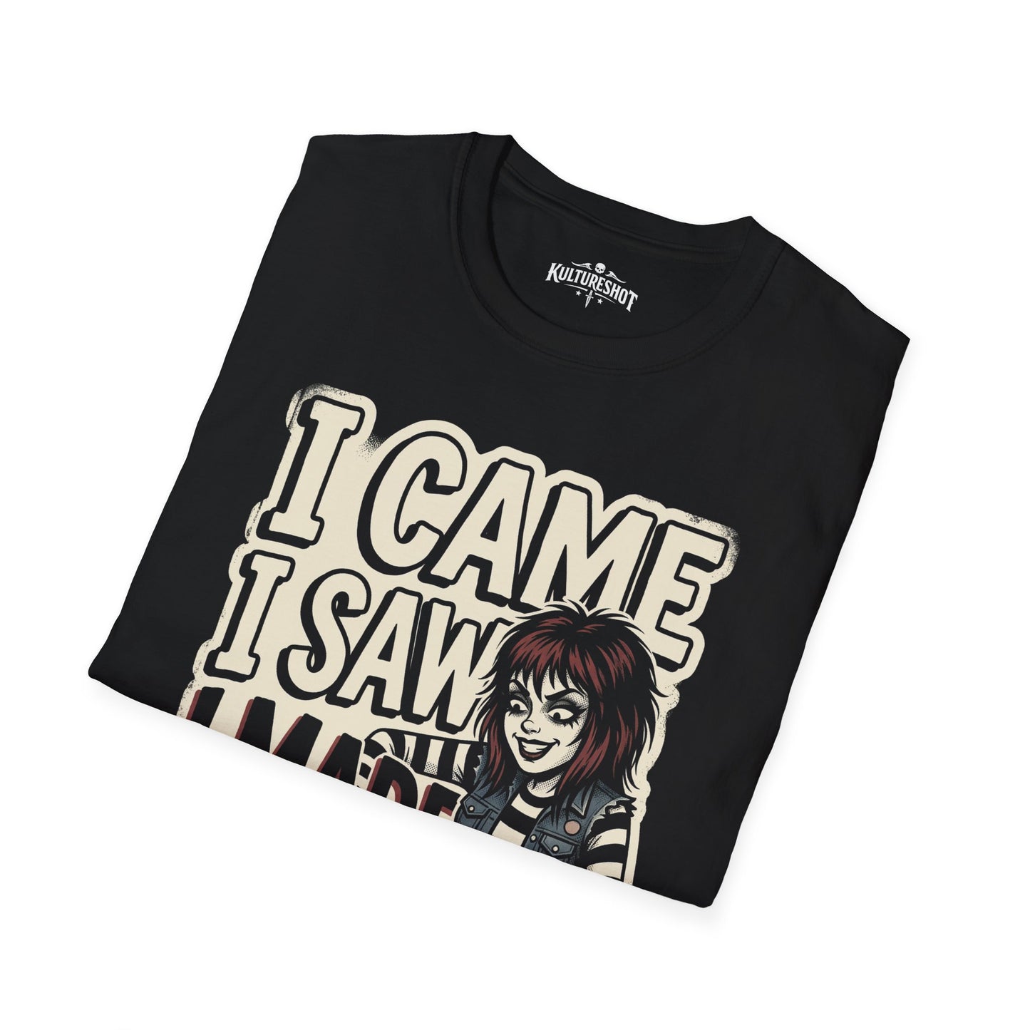 Black t-shirt with graphic design and text on a white background