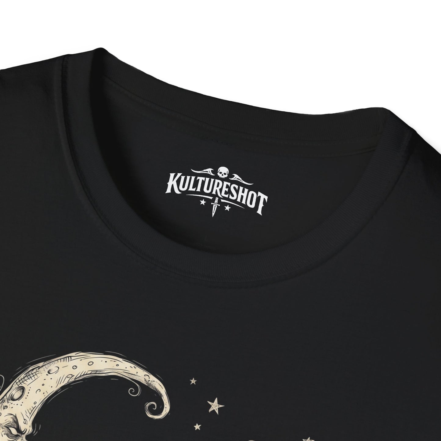 Black t-shirt with 'KultureShot' logo  on a white background