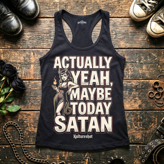 Black tank top with graphic design and text on a wooden surface with shoes and roses.
