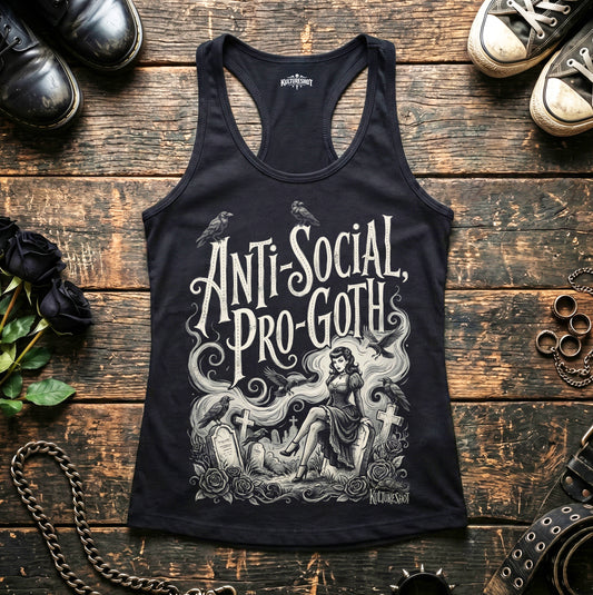 Black tank top with 'Anti-Social Pro-Goth' design on a wooden surface with shoes and accessories.