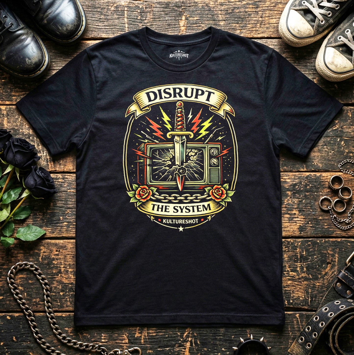 Black t-shirt with graphic design and text on a wooden surface with shoes and flowers.