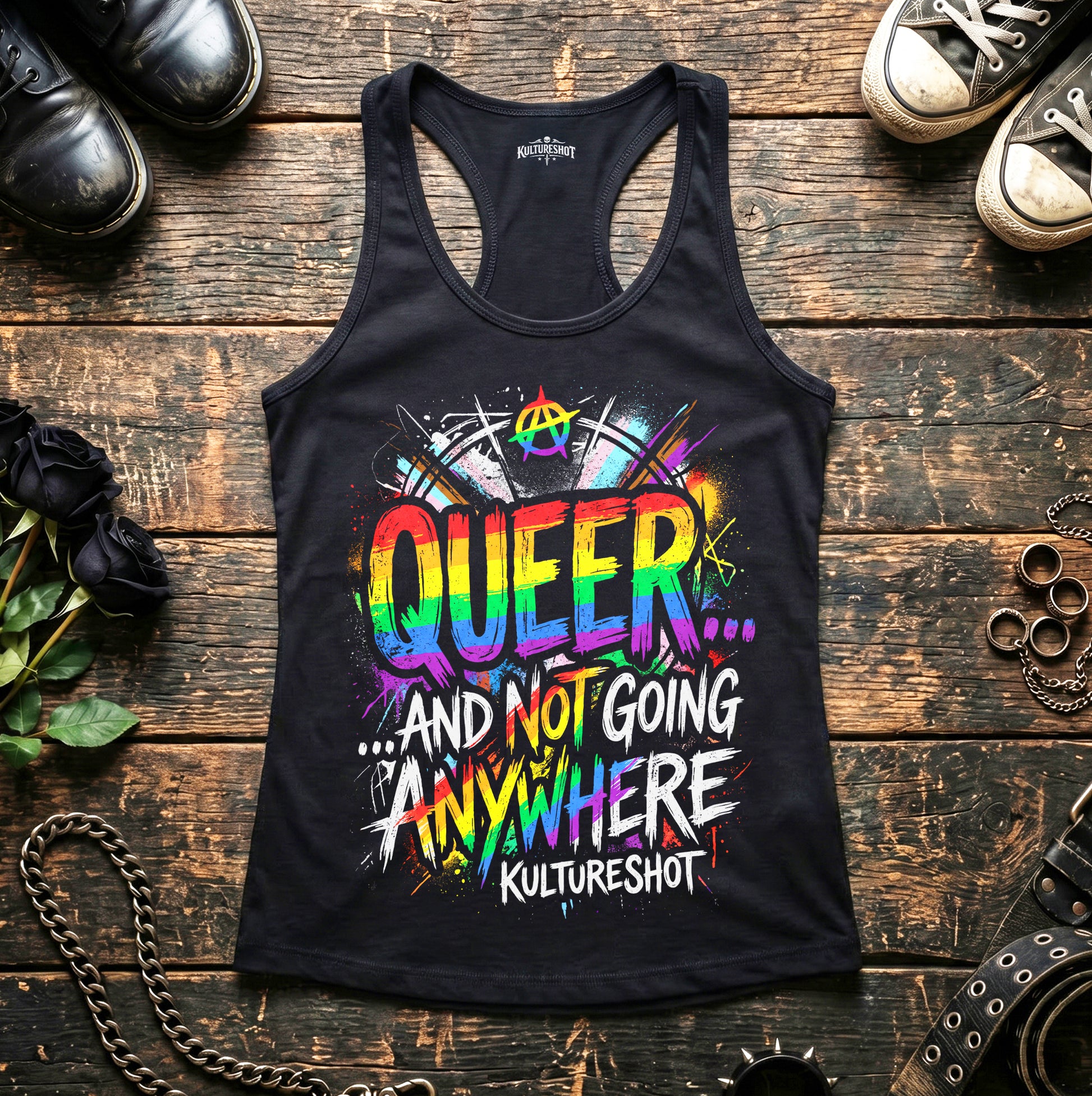 Black tank top with colorful 'QUEER... AND NOT GOING ANYWHERE' text on a wooden surface with shoes and jewelry.