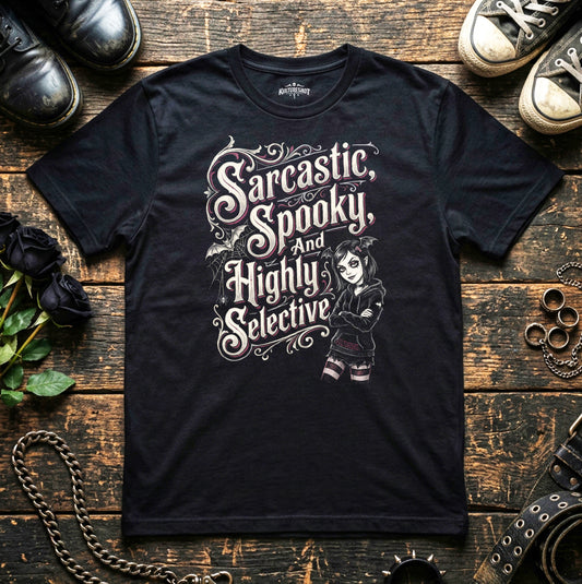 Black t-shirt with graphic reading sarcastic, spooky, and highly selective.
