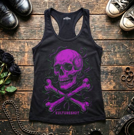 Black tank top with purple skull design on a wooden surface with shoes and chains.