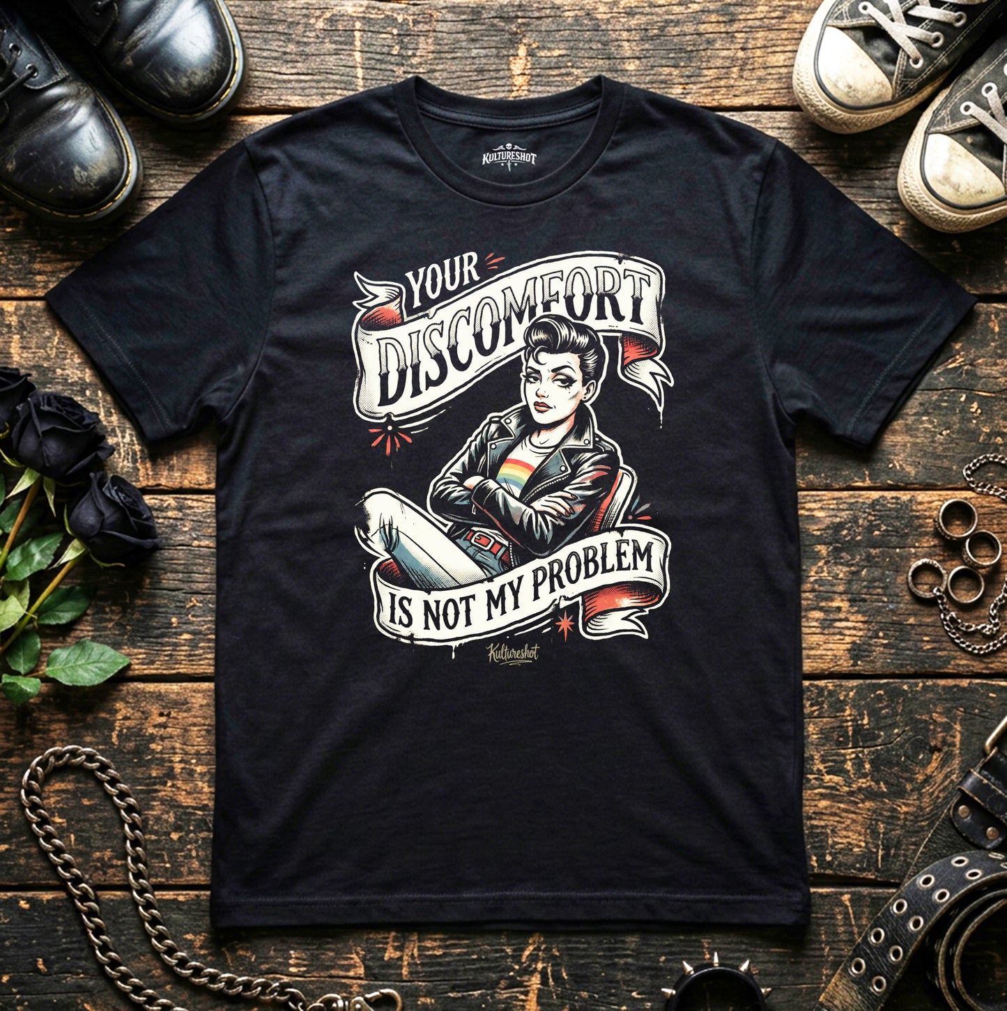 Black t-shirt with graphic design and text on a wooden surface with shoes and accessories.